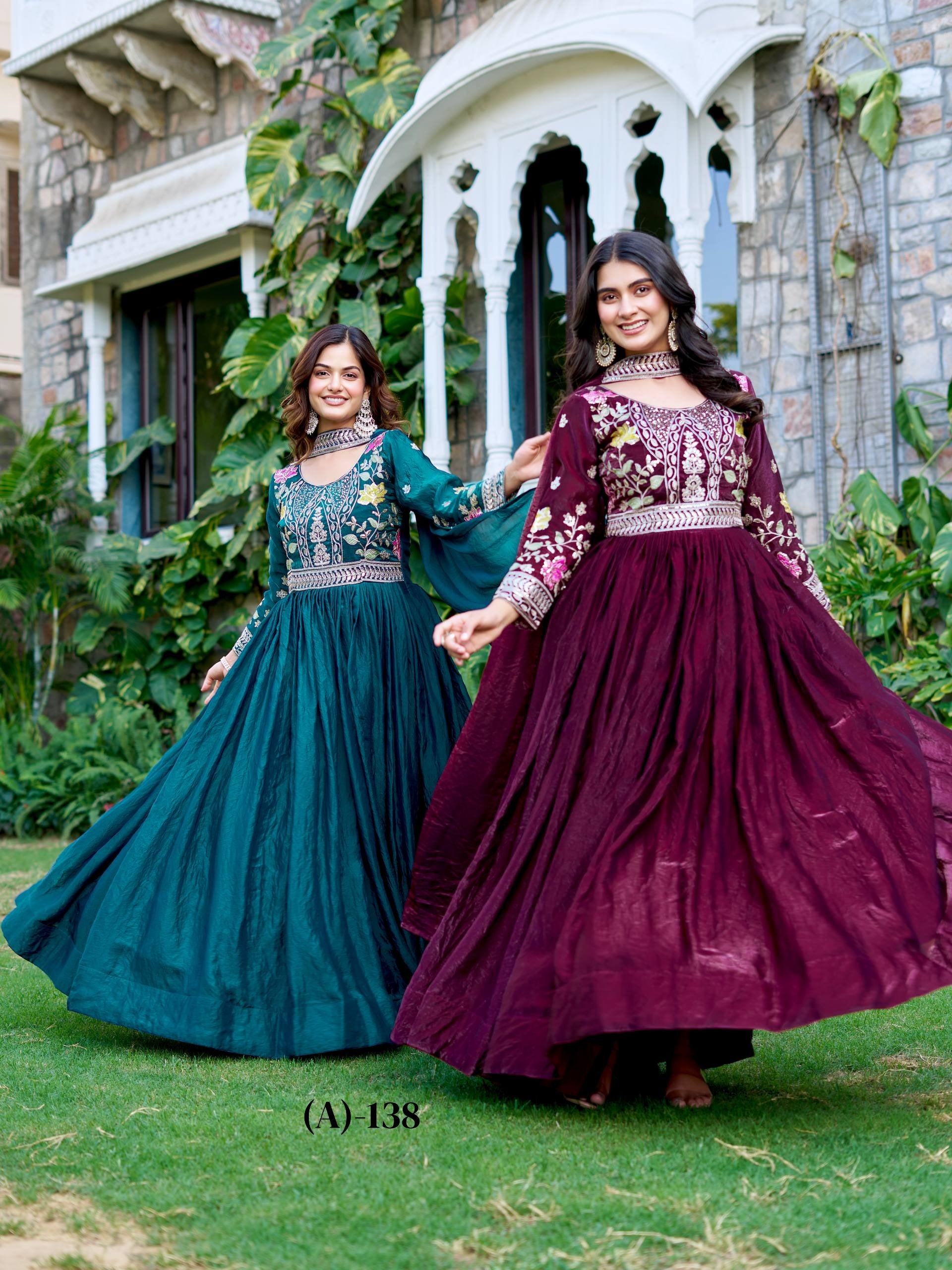 Festival Collection Fendy Silk Long Gown with Heavy Cording Sequence and Thread Embroidery Work - Fully Stitched