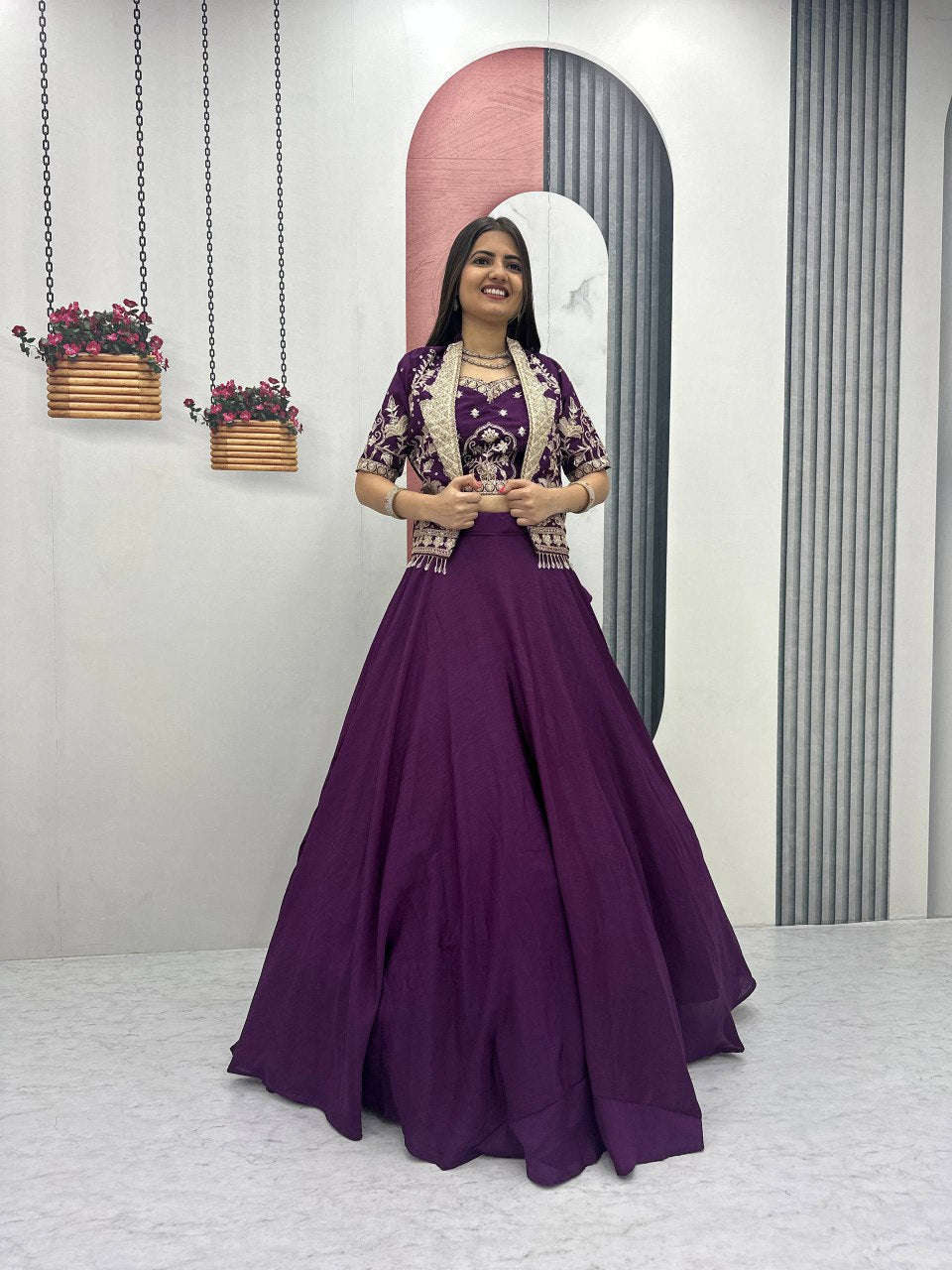 Festival Special Vichitra Silk Crop Top Lehenga with Embroidered Jacket - Fully Stitched