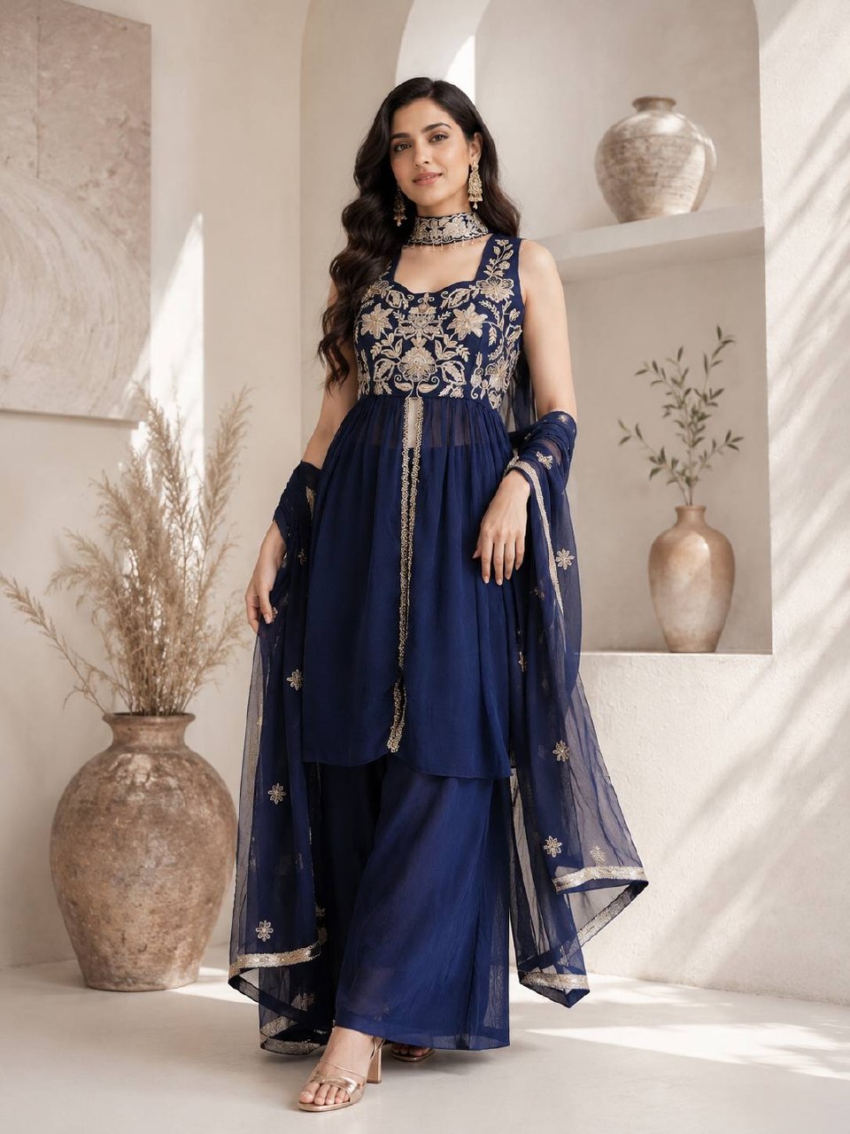 Designer Rangoli Crush Embroidered Kurti Set for Women | Premium Festival Wear | Kurti with Palazzo | Heavy Embroidery & Sequence Work | Party Wear Collection (L)D-110