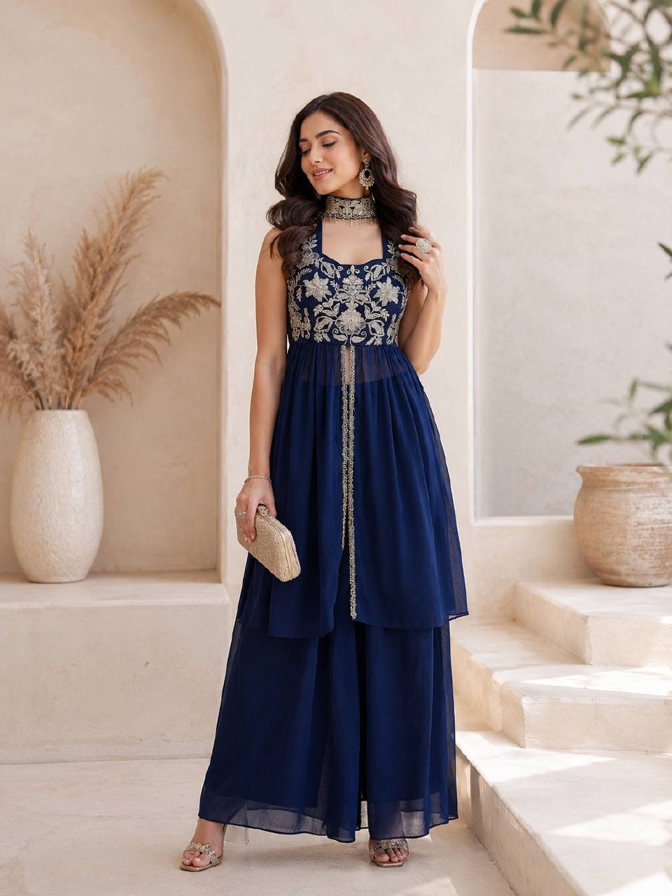 Designer Rangoli Crush Embroidered Kurti Set for Women | Premium Festival Wear | Kurti with Palazzo | Heavy Embroidery & Sequence Work | Party Wear Collection (L)D-110