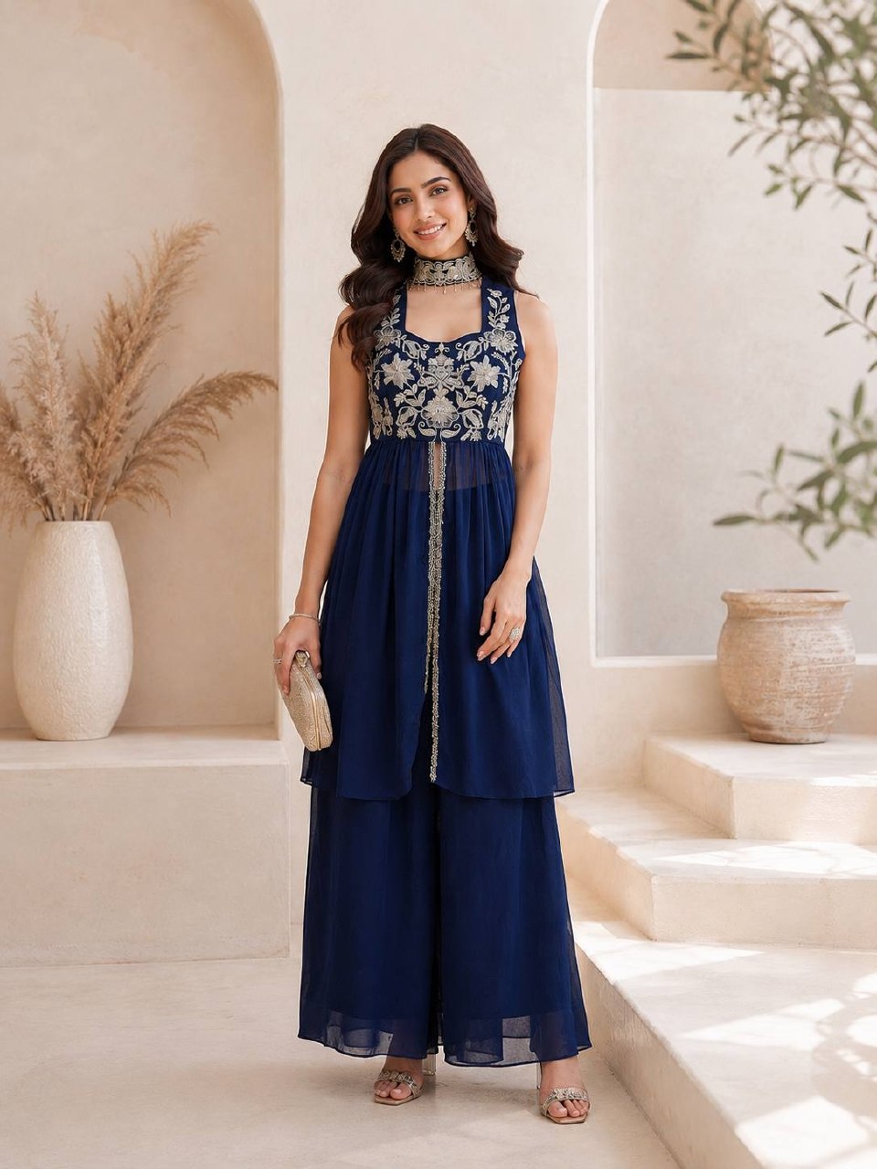 Designer Rangoli Crush Embroidered Kurti Set for Women | Premium Festival Wear | Kurti with Palazzo | Heavy Embroidery & Sequence Work | Party Wear Collection (L)D-110