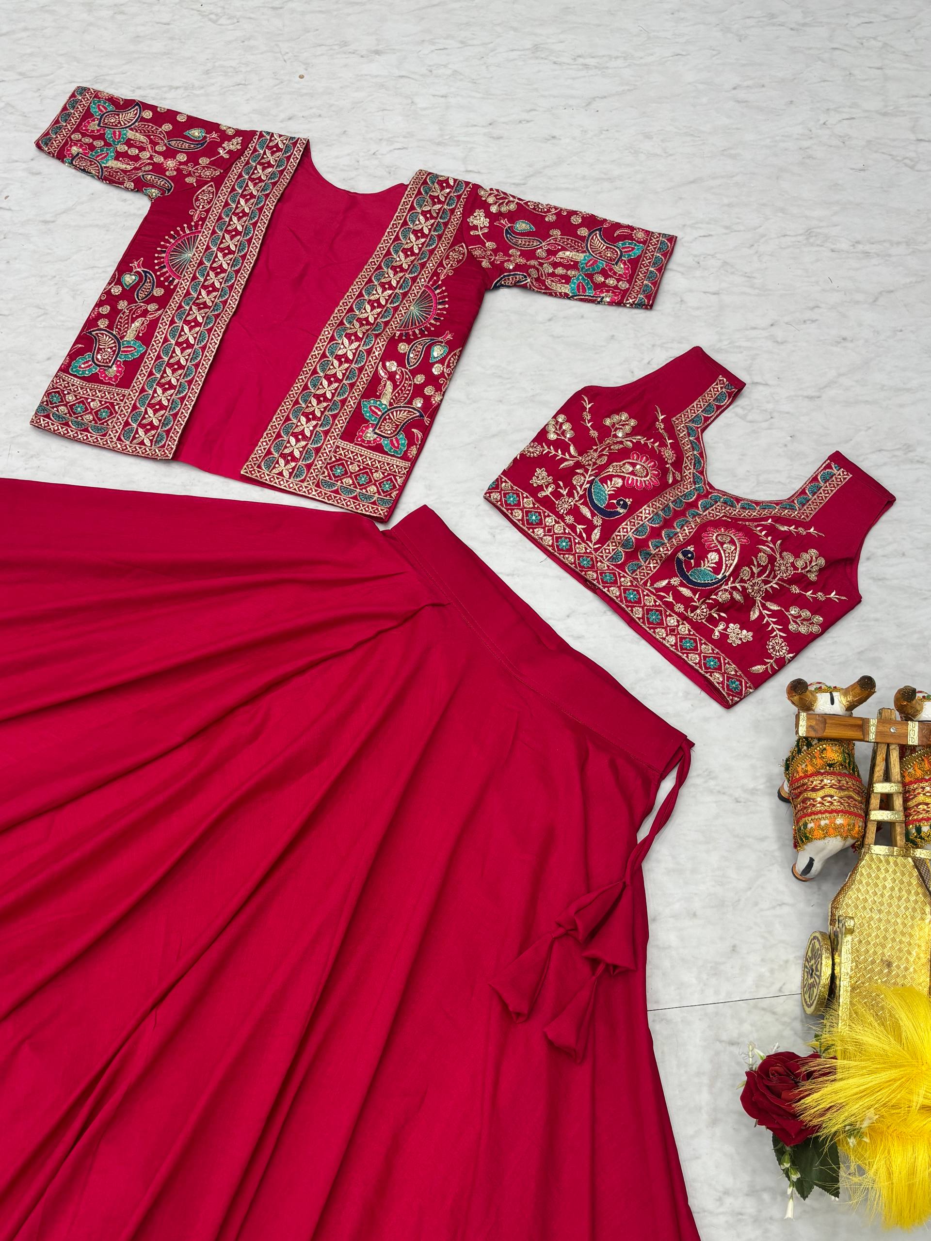 Festival Collection Vichitra Lehenga Choli with Embroidered Koti and 8.50 Meter Flair - Fully Stitched
