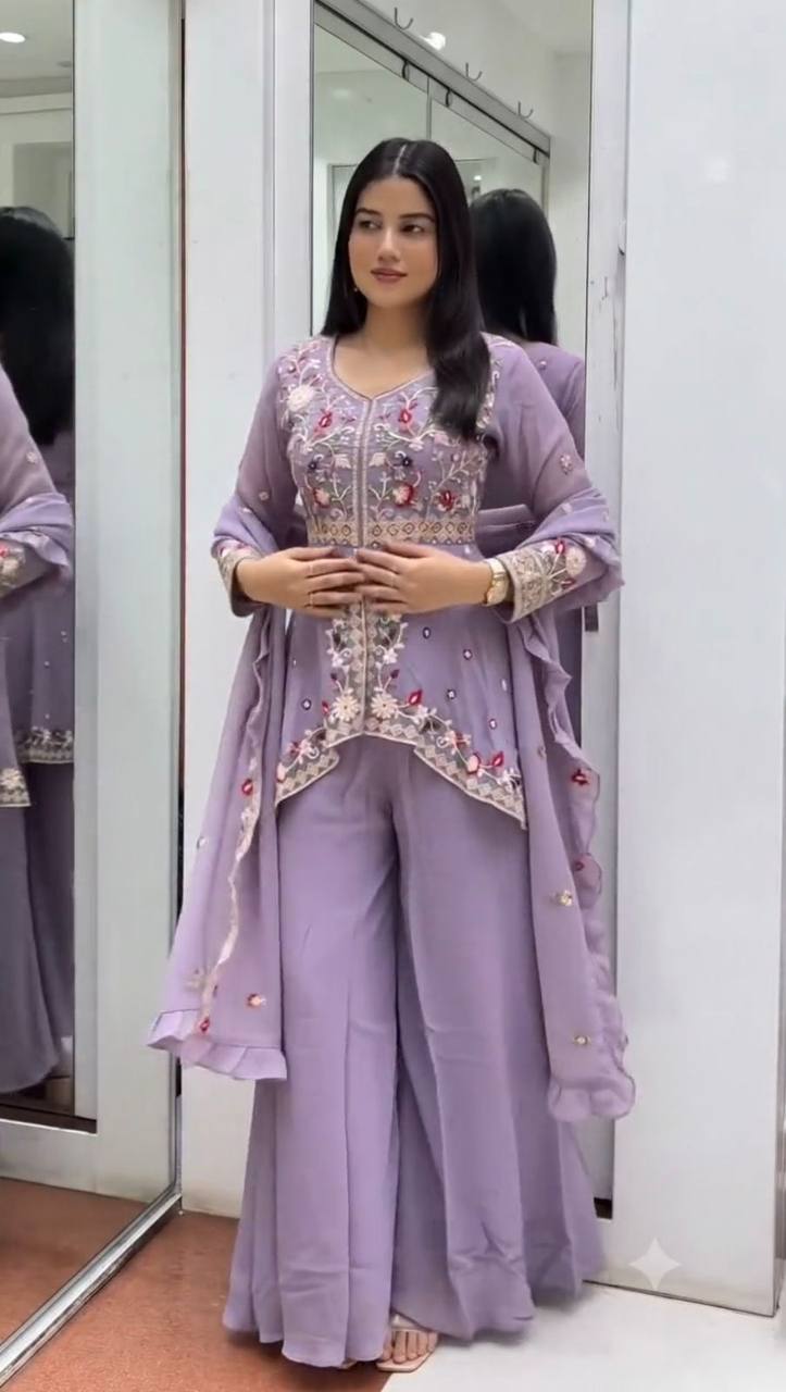 Premium Rangoli Silk Designer Top, Palazzo & Dupatta Set with Sequence Embroidery | Wedding & Festive Wear HE-BUY-(N)-2051