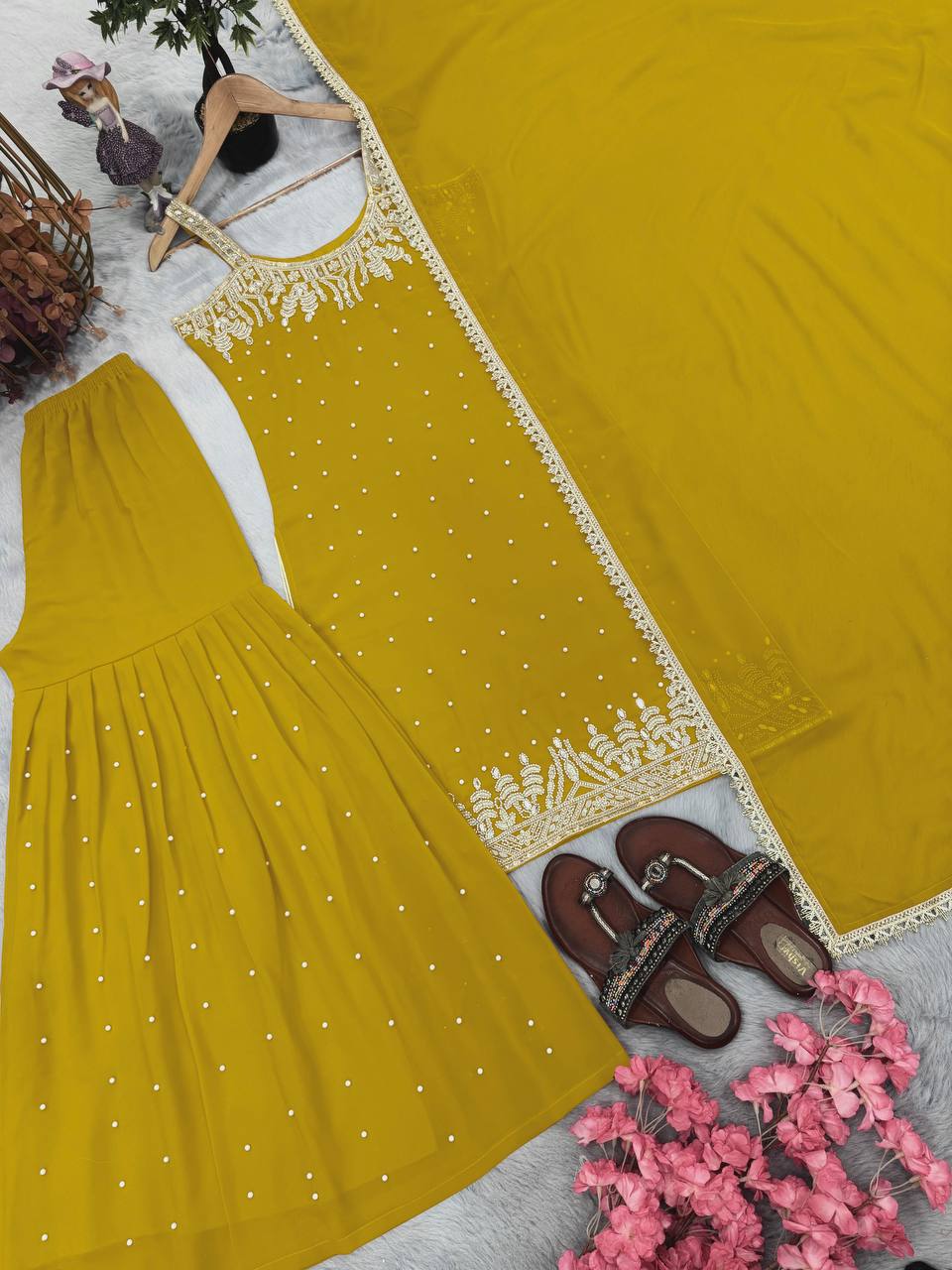 Designer Heavy Faux Georgette Top Palazzo & Dupatta Set for Women | Real Mirror Handwork & Beads Embroidery | Premium Party Wear Collection (L)-1133