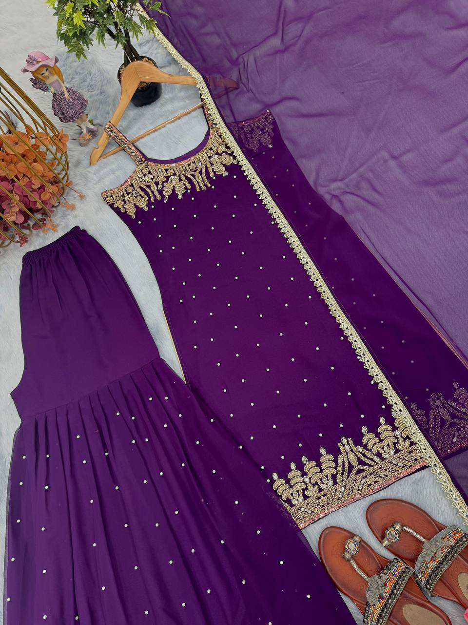Designer Heavy Faux Georgette Top Palazzo & Dupatta Set for Women | Real Mirror Handwork & Beads Embroidery | Premium Party Wear Collection (L)-1133