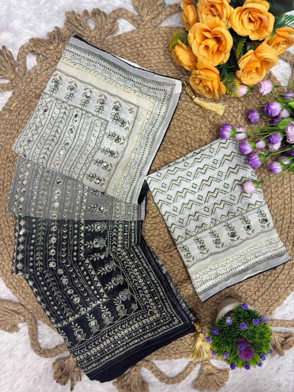 Bollywood Style Designer Fox Georgette Saree with Digital Print, Katdana & Real Mirror Handwork | Designer Blouse HE-BUY-(Z)-0150