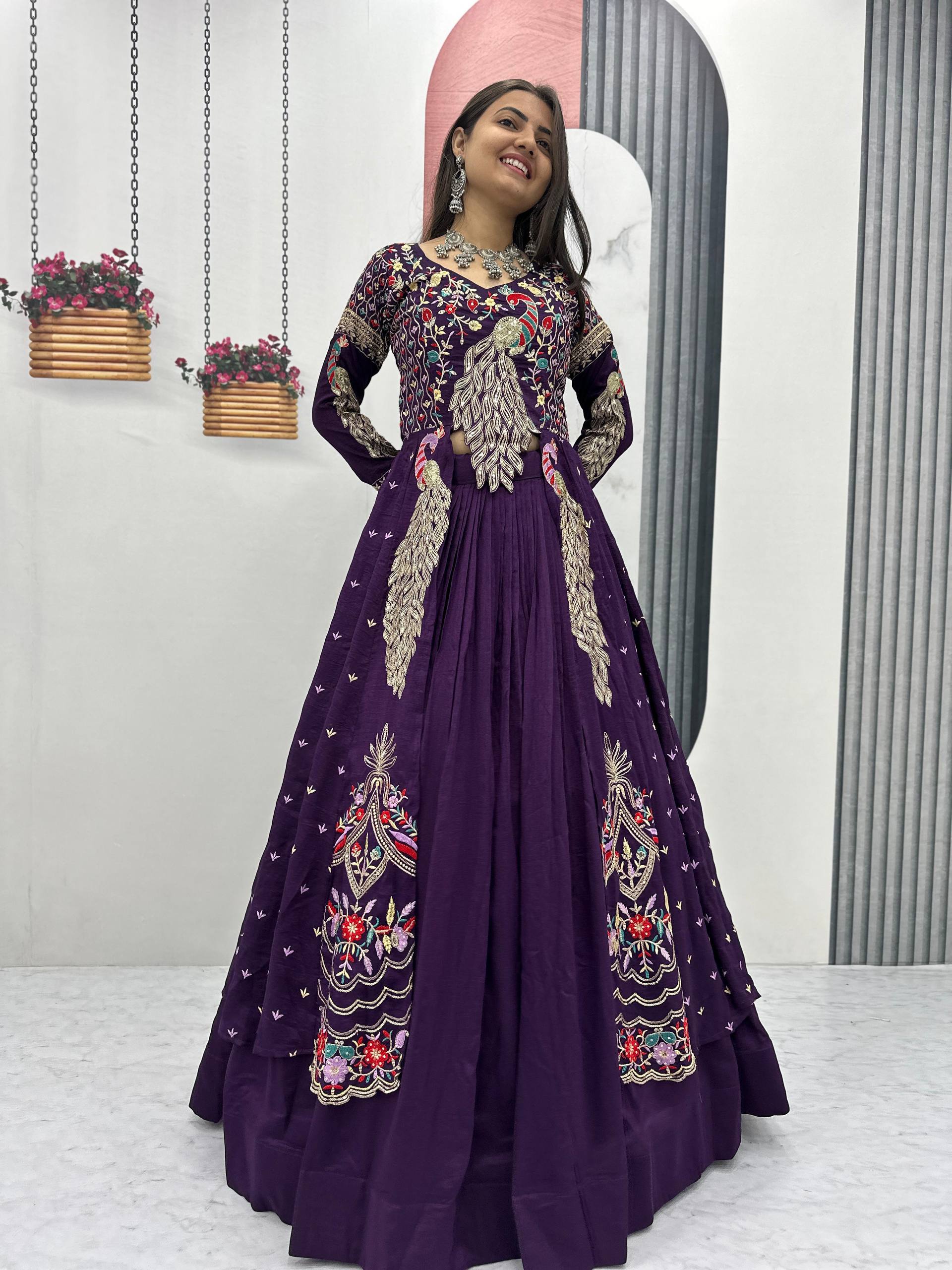 Premium Pure Vichitra Festival Special Crop Top with Lehenga & Shrug Set for Women | Heavy Thread & Sequence Work | Designer Party & Wedding Wear Collection