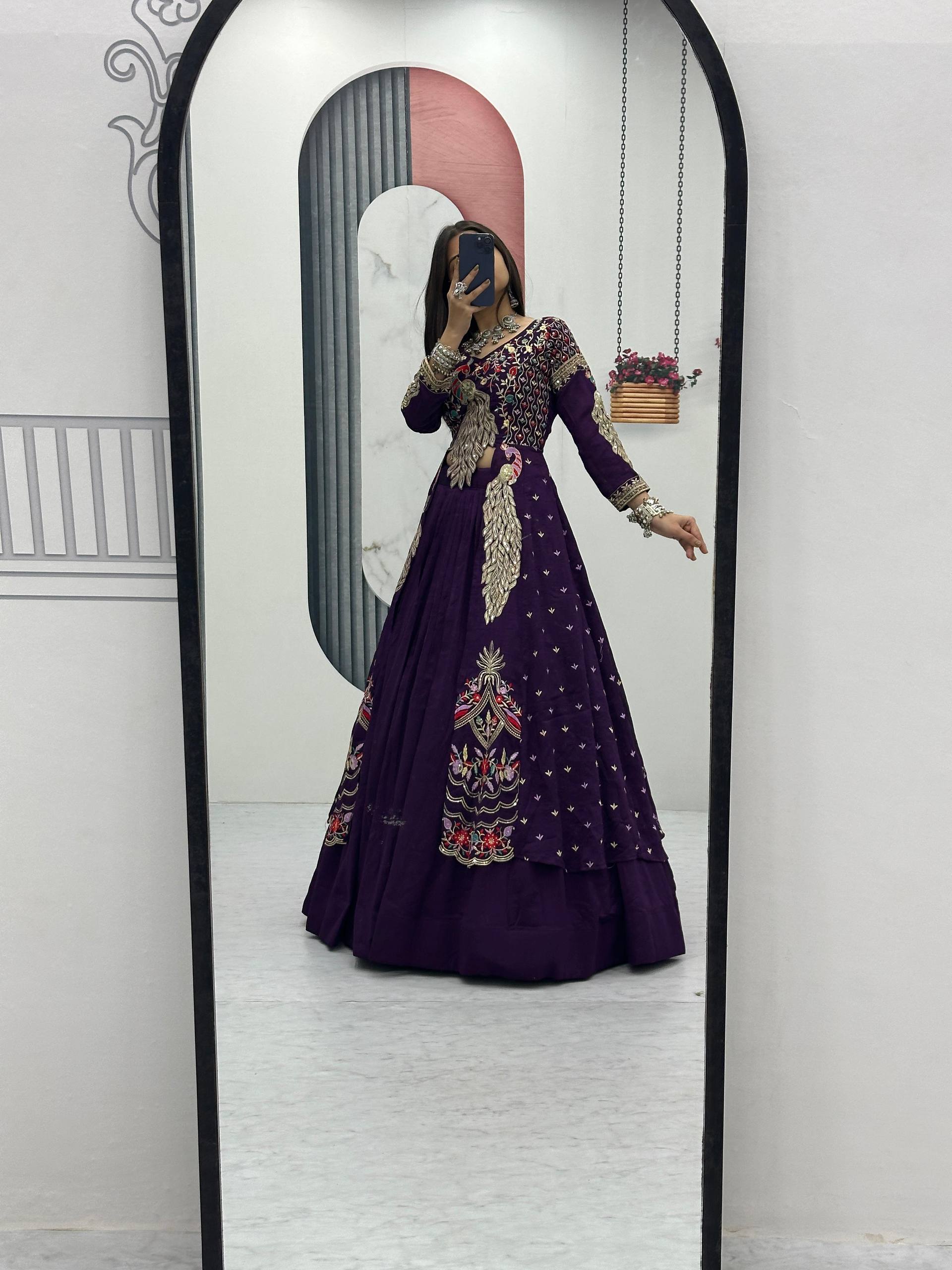 Premium Pure Vichitra Festival Special Crop Top with Lehenga & Shrug Set for Women | Heavy Thread & Sequence Work | Designer Party & Wedding Wear Collection
