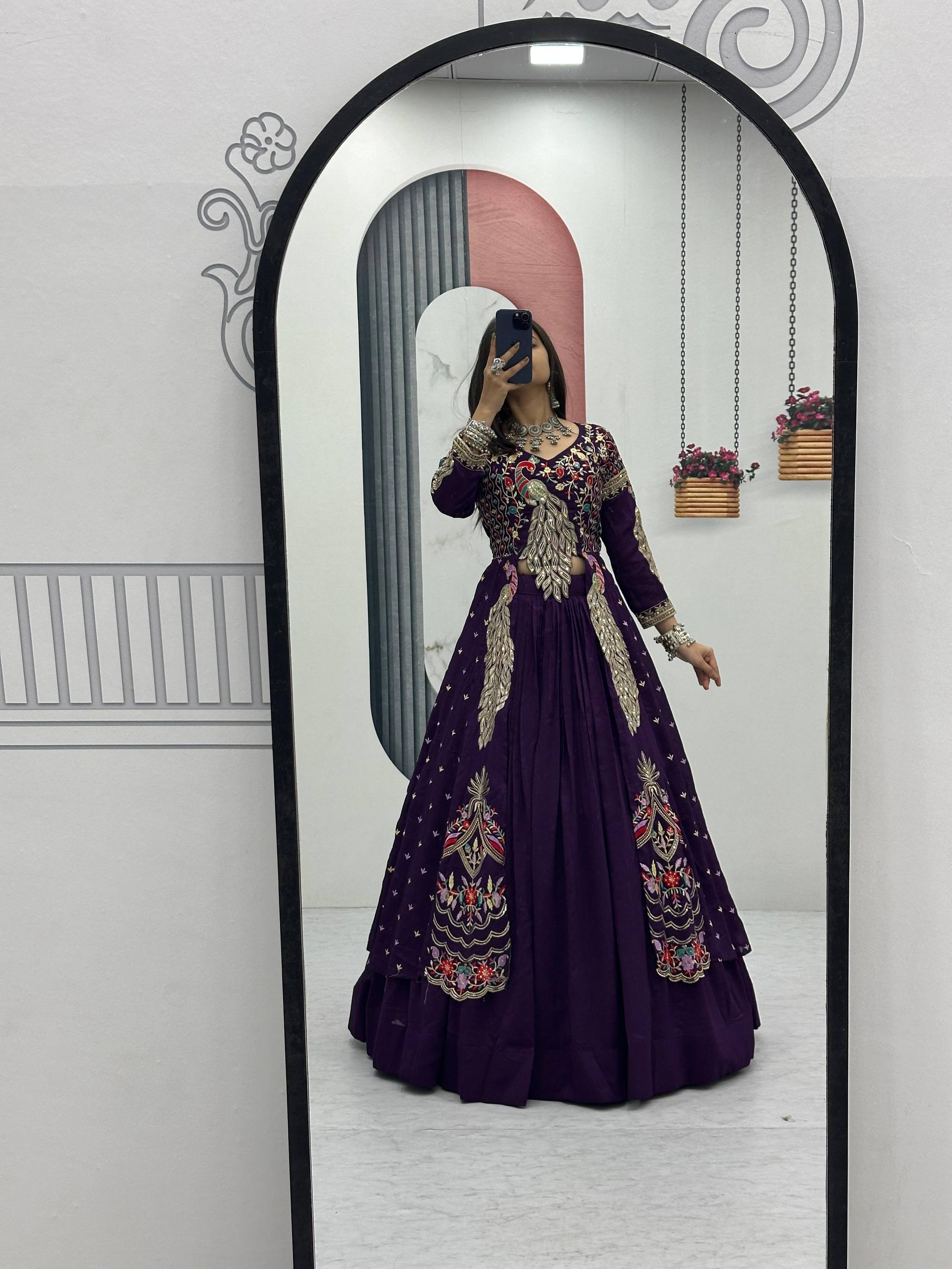 Premium Pure Vichitra Festival Special Crop Top with Lehenga & Shrug Set for Women | Heavy Thread & Sequence Work | Designer Party & Wedding Wear Collection