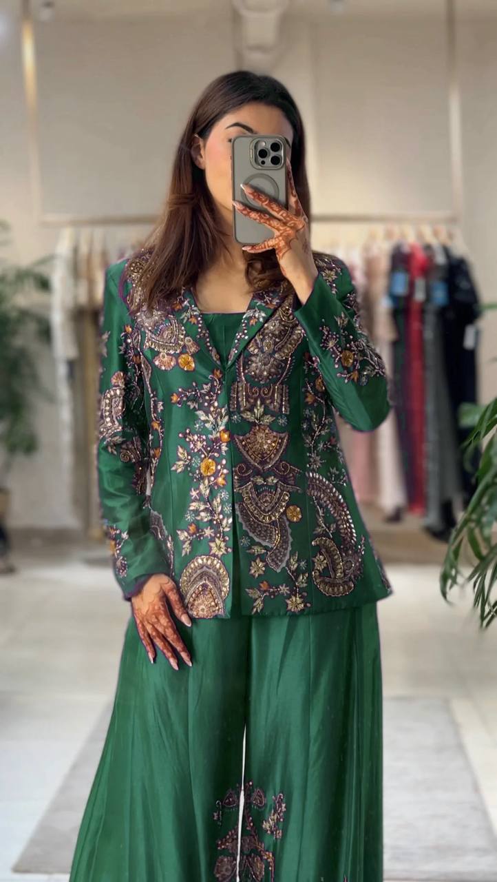 Designer  3-Piece Palazzo Set | Sequence Embroidery Work | Koti, Palazzo & Blouse | Party & Wedding Wear HE-BUY-(O)-436