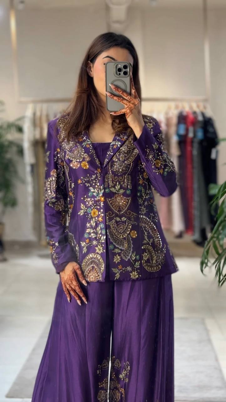 Designer  3-Piece Palazzo Set | Sequence Embroidery Work | Koti, Palazzo & Blouse | Party & Wedding Wear HE-BUY-(O)-436