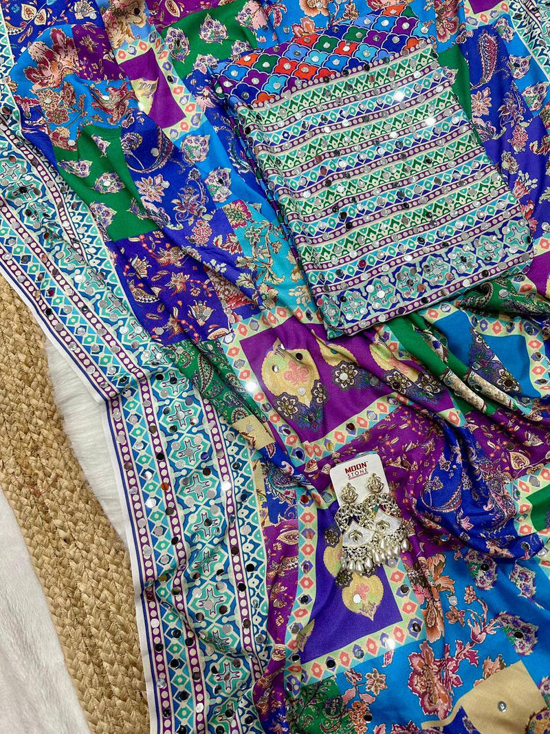 New Colour Added Chinnon Silk Digital Print Saree with Real Mirror Work | Designer Blouse | Dinner Saree Collection  HE-BUY-(Z)-057