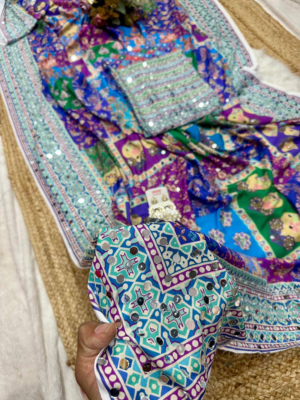 New Colour Added Chinnon Silk Digital Print Saree with Real Mirror Work | Designer Blouse | Dinner Saree Collection  HE-BUY-(Z)-057