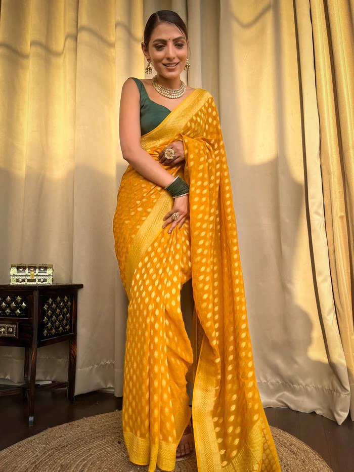 Premium Banarasi Soft Lichi Silk Saree with Rich Pallu & All-Over Jacquard Work | Designer Blouse  HE-BUY(Y)-2020