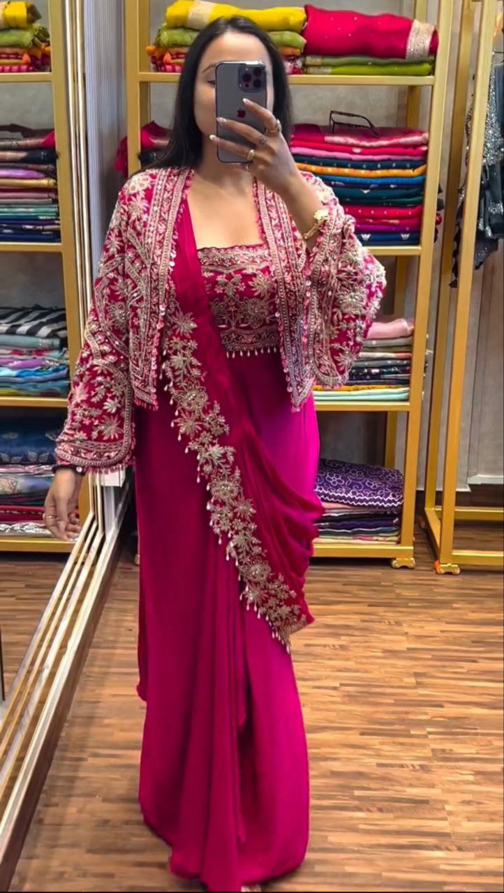 Premium Ready-to-Wear Chinon Saree with Embroidered Cording Work Koti | Designer Party, Wedding & Festive Wear Collection HE-BUY-(M)-147