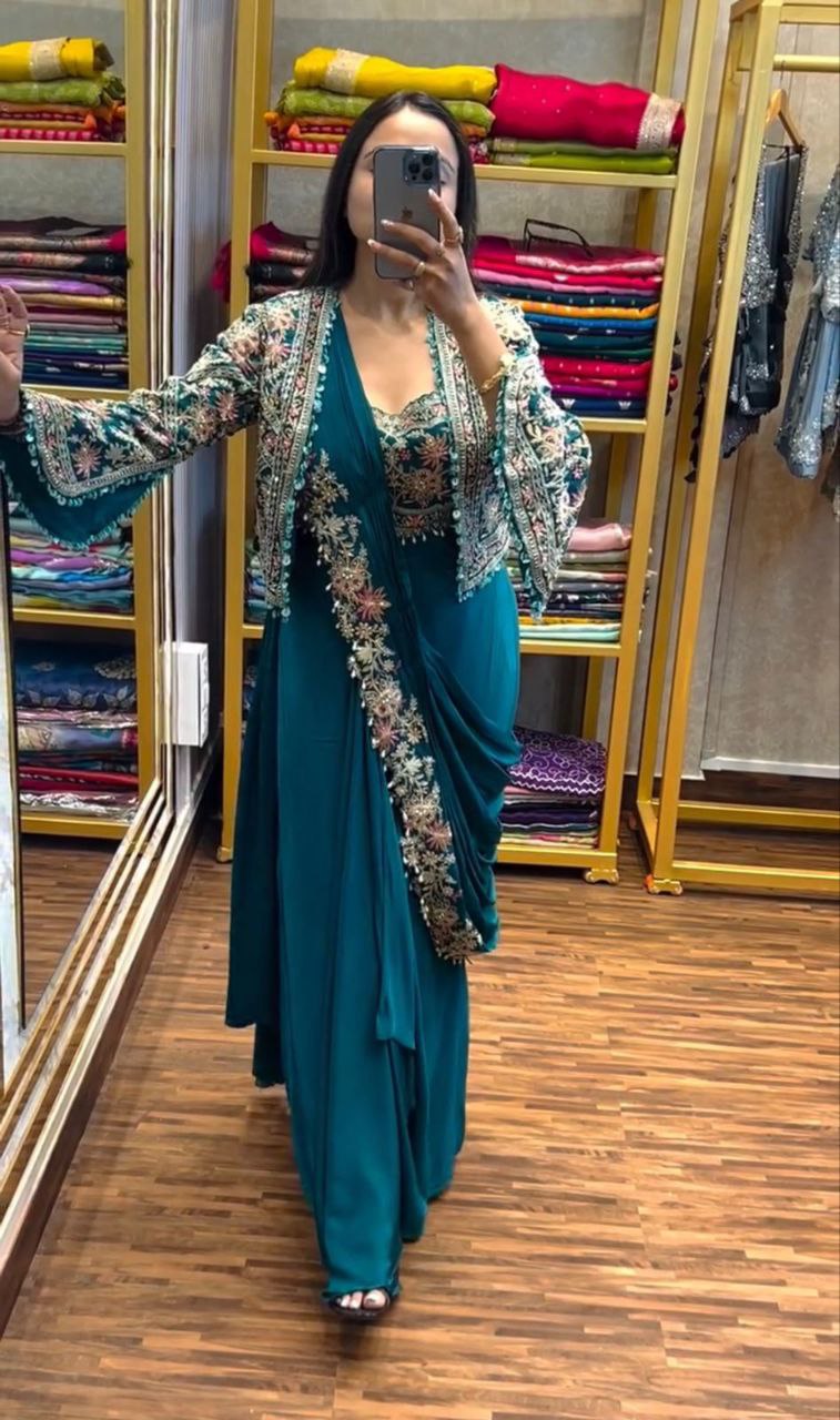 Premium Ready-to-Wear Chinon Saree with Embroidered Cording Work Koti | Designer Party, Wedding & Festive Wear Collection HE-BUY-(M)-147
