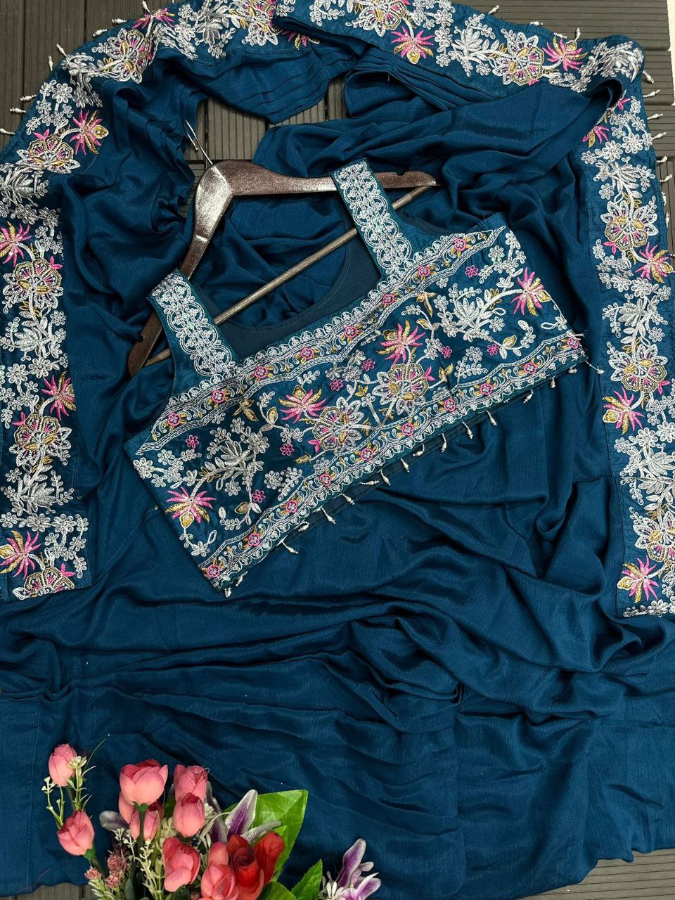 Premium Ready-to-Wear Chinon Saree with Embroidered Cording Work Koti | Designer Party, Wedding & Festive Wear Collection HE-BUY-(M)-147