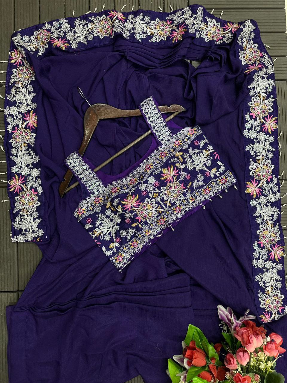Premium Ready-to-Wear Chinon Saree with Embroidered Cording Work Koti | Designer Party, Wedding & Festive Wear Collection HE-BUY-(M)-147