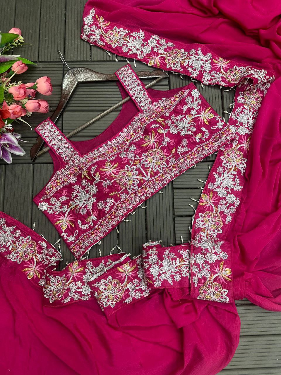 Premium Ready-to-Wear Chinon Saree with Embroidered Cording Work Koti | Designer Party, Wedding & Festive Wear Collection HE-BUY-(M)-147