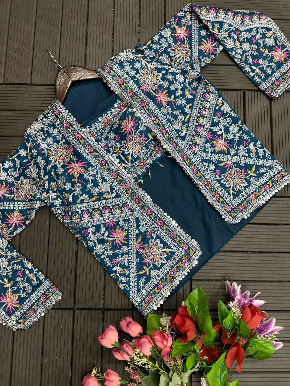 Premium Ready-to-Wear Chinon Saree with Embroidered Cording Work Koti | Designer Party, Wedding & Festive Wear Collection HE-BUY-(M)-147