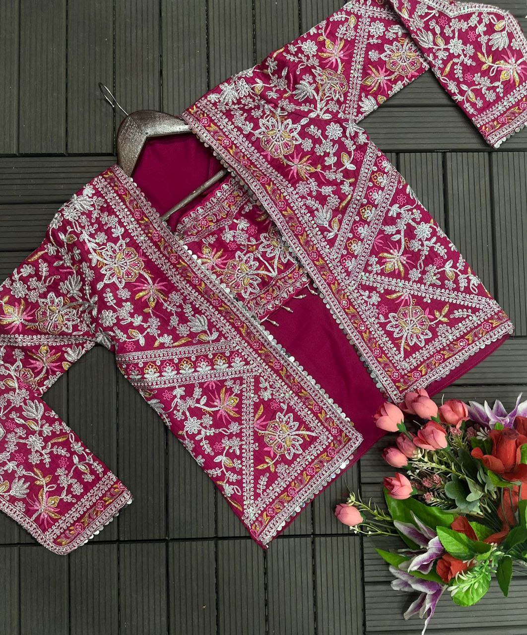 Premium Ready-to-Wear Chinon Saree with Embroidered Cording Work Koti | Designer Party, Wedding & Festive Wear Collection HE-BUY-(M)-147