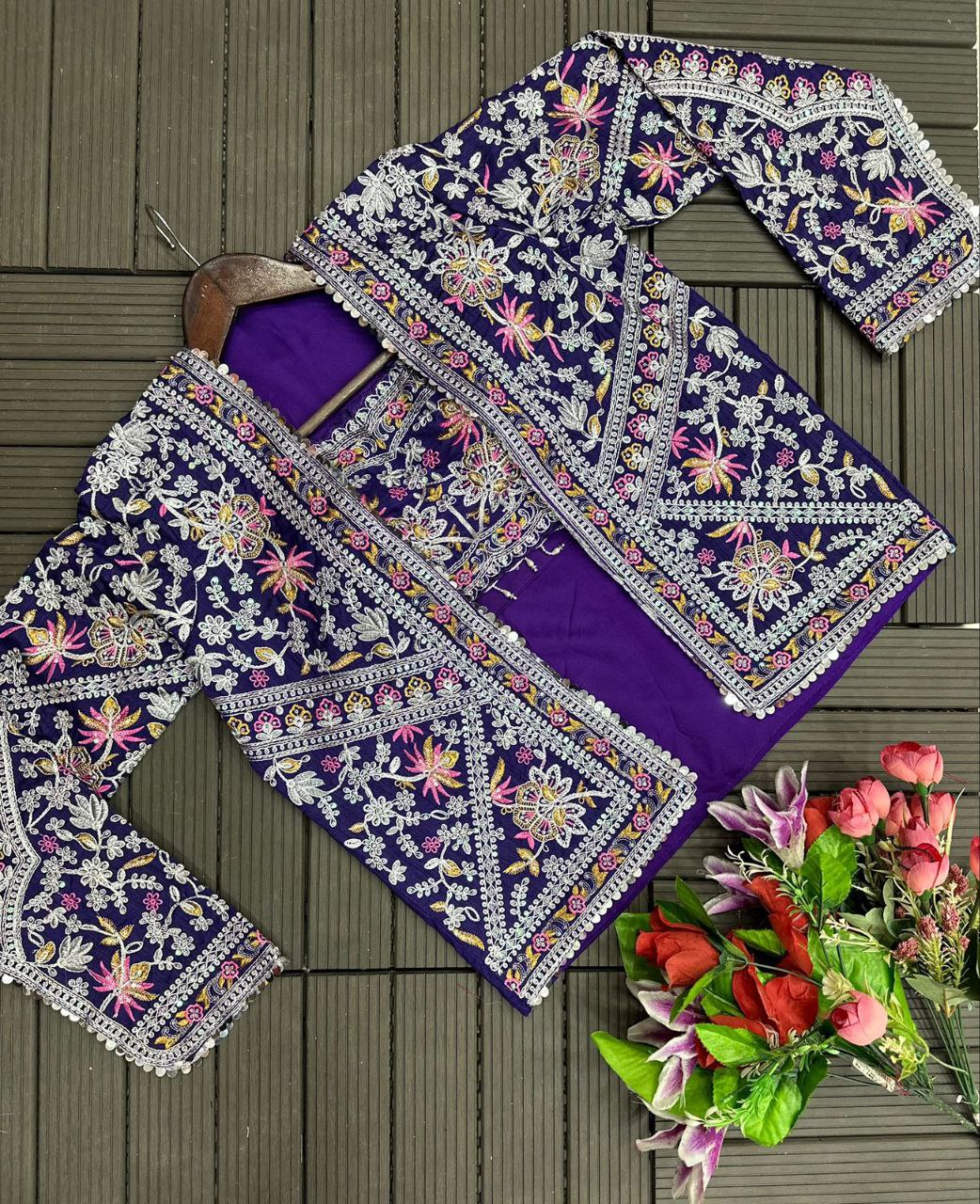 Premium Ready-to-Wear Chinon Saree with Embroidered Cording Work Koti | Designer Party, Wedding & Festive Wear Collection HE-BUY-(M)-147