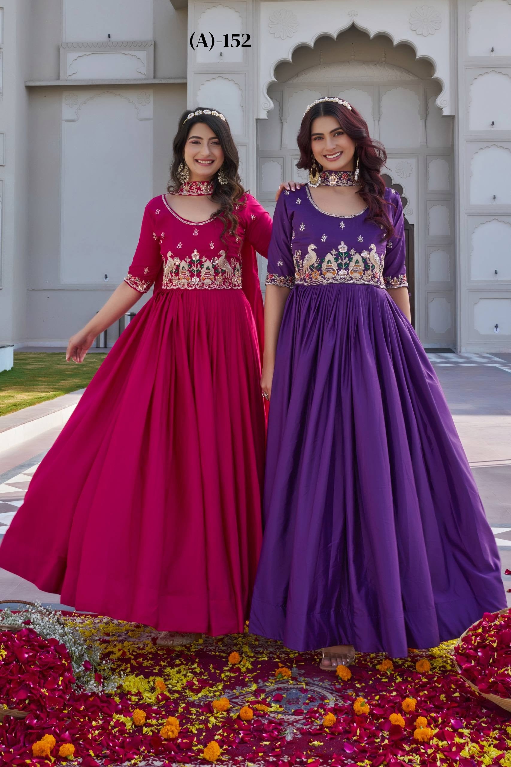 Festival Collection Crepe Silk Long Gown with Heavy Cording Sequence and Beads Embroidery Work - Fully Stitched