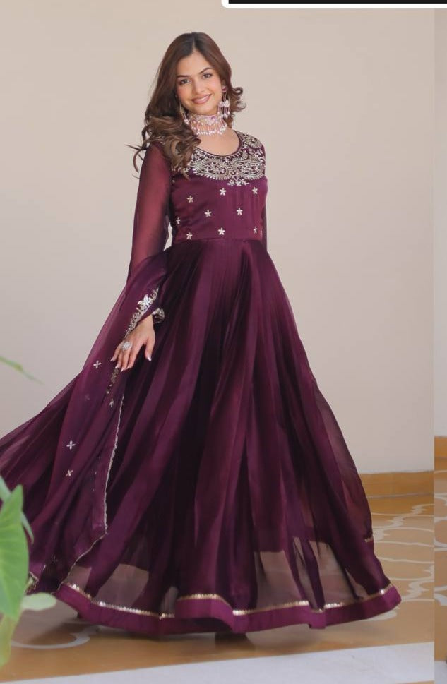 New Festival Collection Burberry Silk Long Gown with Heavy Sequence Embroidery Dupatta - Fully Stitched