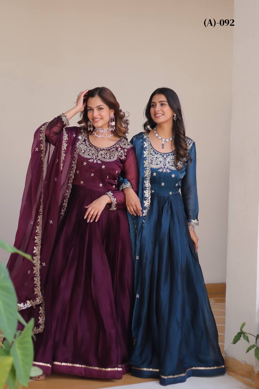 New Festival Collection Burberry Silk Long Gown with Heavy Sequence Embroidery Dupatta - Fully Stitched