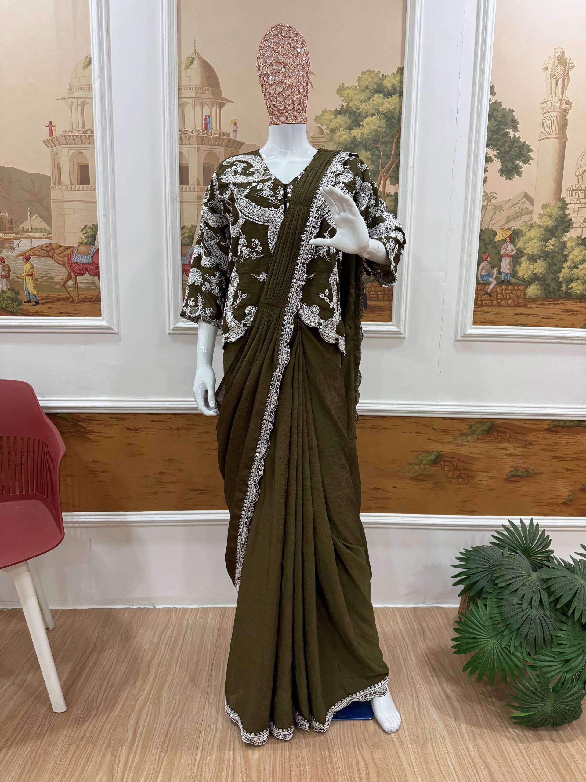Premium Chinon Indo-Western Ready-to-Wear Drape Saree with Embroidered Koti | Designer Party, Wedding & Festive Wear Collection HE-BUY-(D)-1135