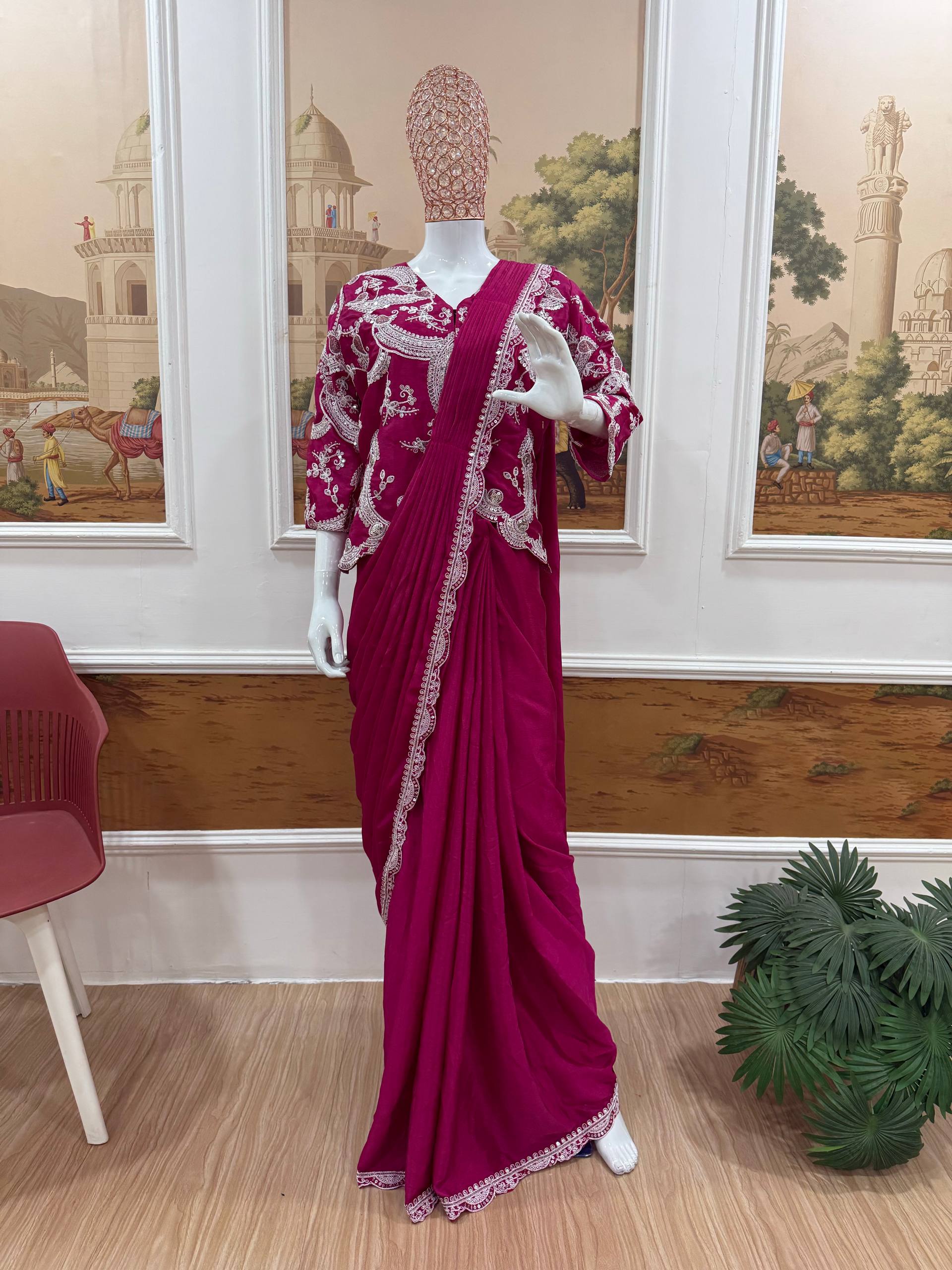 Premium Chinon Indo-Western Ready-to-Wear Drape Saree with Embroidered Koti | Designer Party, Wedding & Festive Wear Collection HE-BUY-(D)-1135