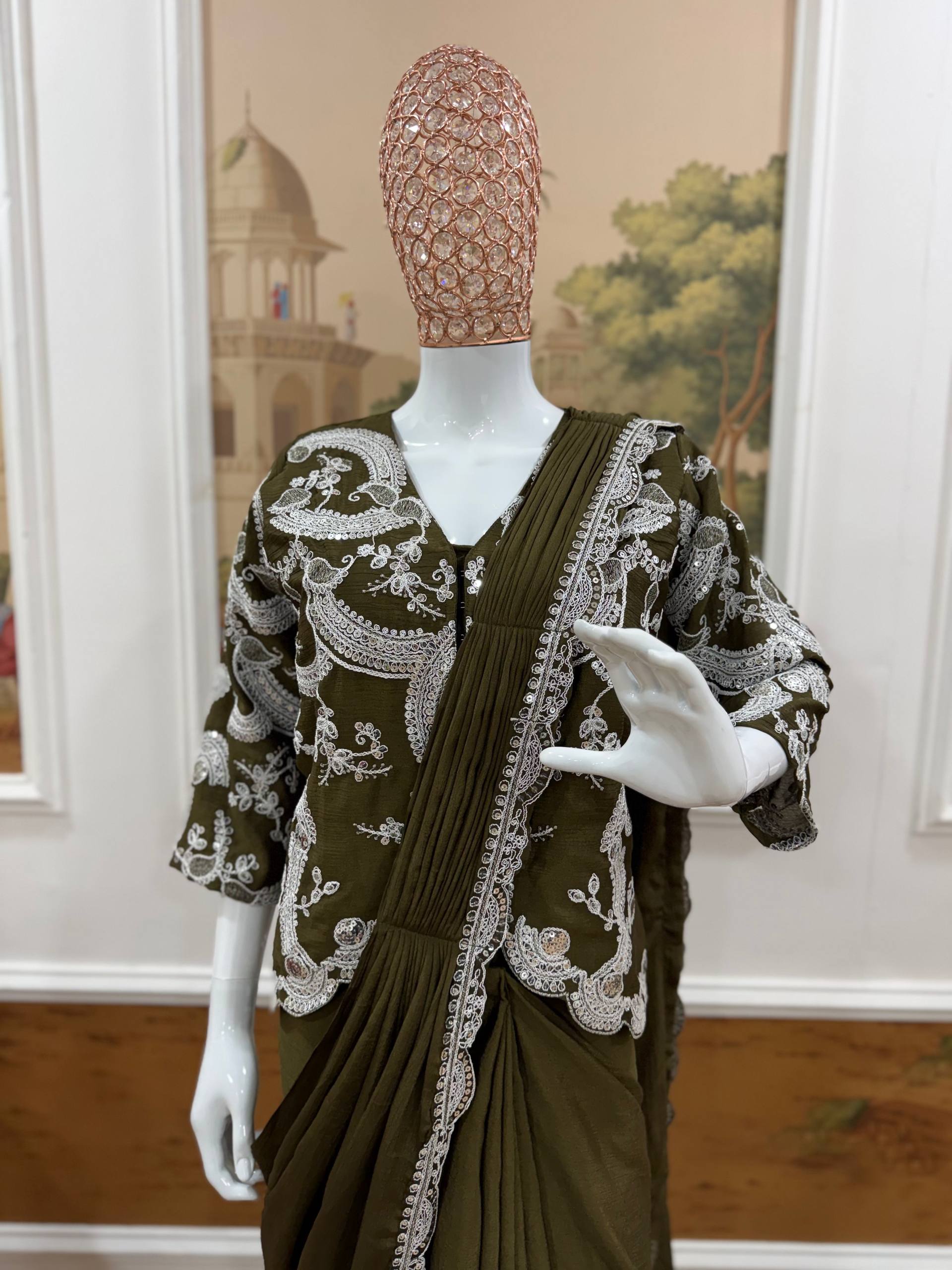 Premium Chinon Indo-Western Ready-to-Wear Drape Saree with Embroidered Koti | Designer Party, Wedding & Festive Wear Collection HE-BUY-(D)-1135
