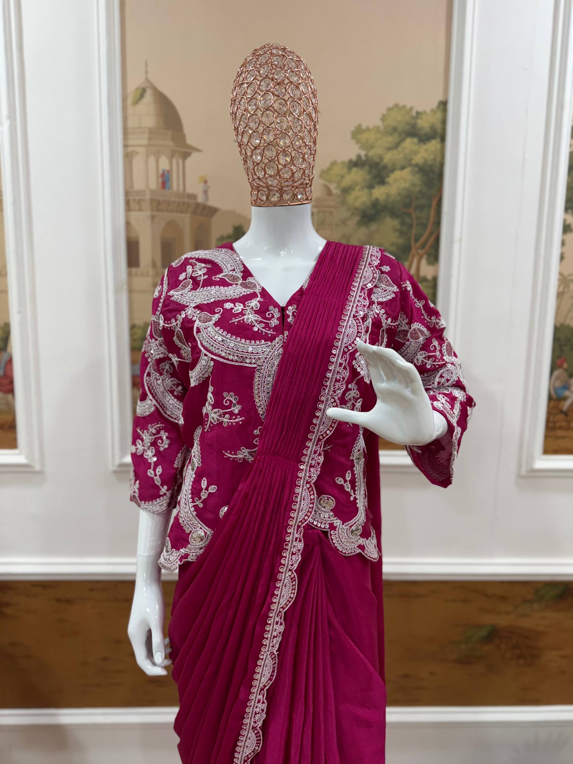 Premium Chinon Indo-Western Ready-to-Wear Drape Saree with Embroidered Koti | Designer Party, Wedding & Festive Wear Collection HE-BUY-(D)-1135