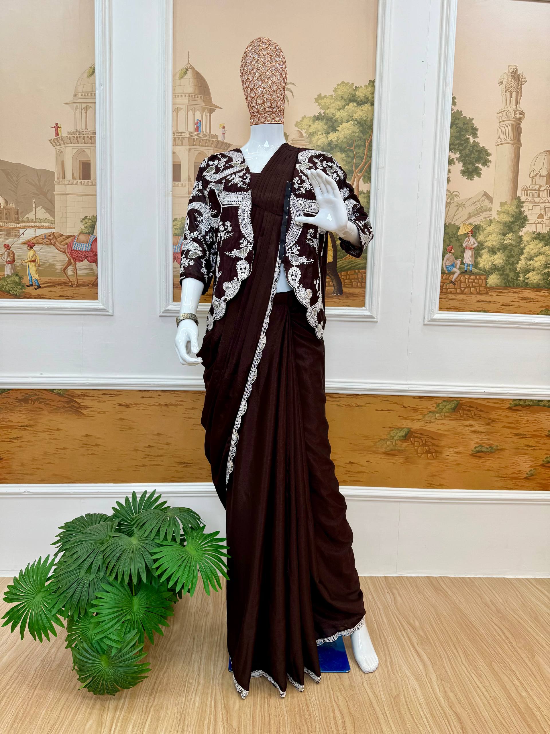Premium Chinon Indo-Western Ready-to-Wear Drape Saree with Embroidered Koti | Designer Party, Wedding & Festive Wear Collection HE-BUY-(D)-1135