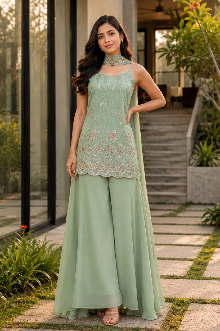 Premium Faux Georgette Kurti Palazzo & Dupatta Set for Women | Heavy Front & Back Embroidery | Designer Festive, Party & Wedding Wear Collection