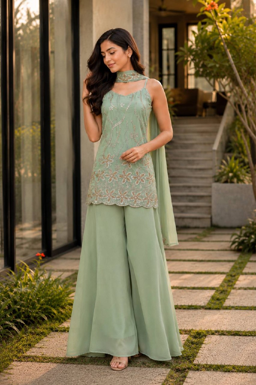 Premium Faux Georgette Kurti Palazzo & Dupatta Set for Women | Heavy Front & Back Embroidery | Designer Festive, Party & Wedding Wear Collection