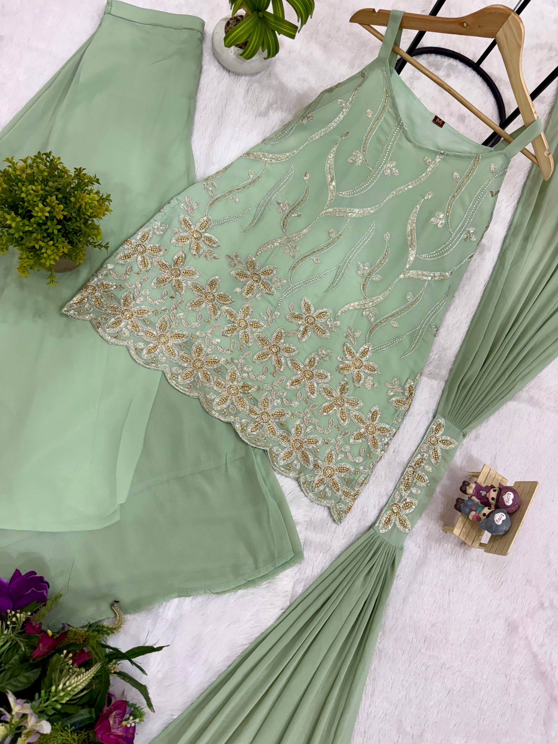 Premium Faux Georgette Kurti Palazzo & Dupatta Set for Women | Heavy Front & Back Embroidery | Designer Festive, Party & Wedding Wear Collection