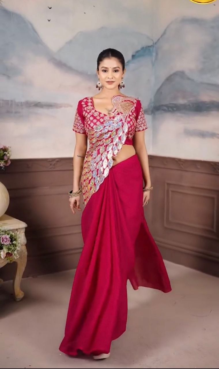 Premium Star Georgette Ready-to-Wear Saree with Embroidered Sequence Blouse | Designer Party, Wedding & Festive Wear Collection  HE-BUY(M)-254