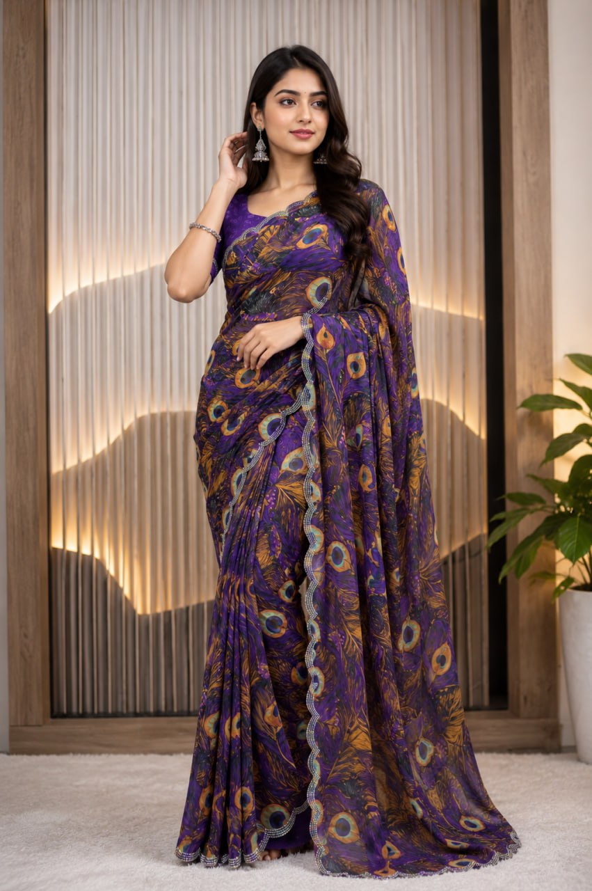 Georgette Saree with Peacock Feather Digital Print & Siroski Work Border | Printed Blouse HE-BUY-(Z)-0 155