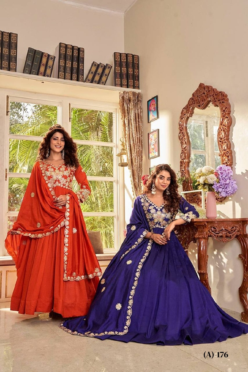 Festival Collection Vichitra Long Gown with Heavy Cording Sequence Embroidery Dupatta - Fully Stitched