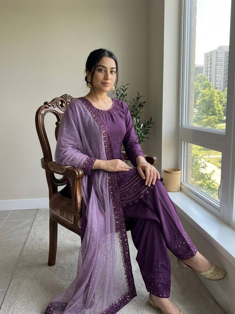 Designer Pure Natural Crepe Top with Farshi Palazzo & Organza Dupatta Set for Women | Embroidered Sequence Work | Premium Party Wear Collection (L)-1143