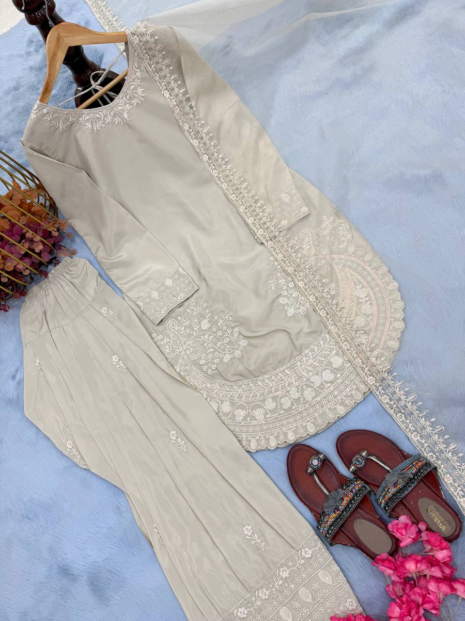 Designer Pure Natural Crepe Top with Farshi Palazzo & Organza Dupatta Set for Women | Embroidered Sequence Work | Premium Party Wear Collection (L)-1143