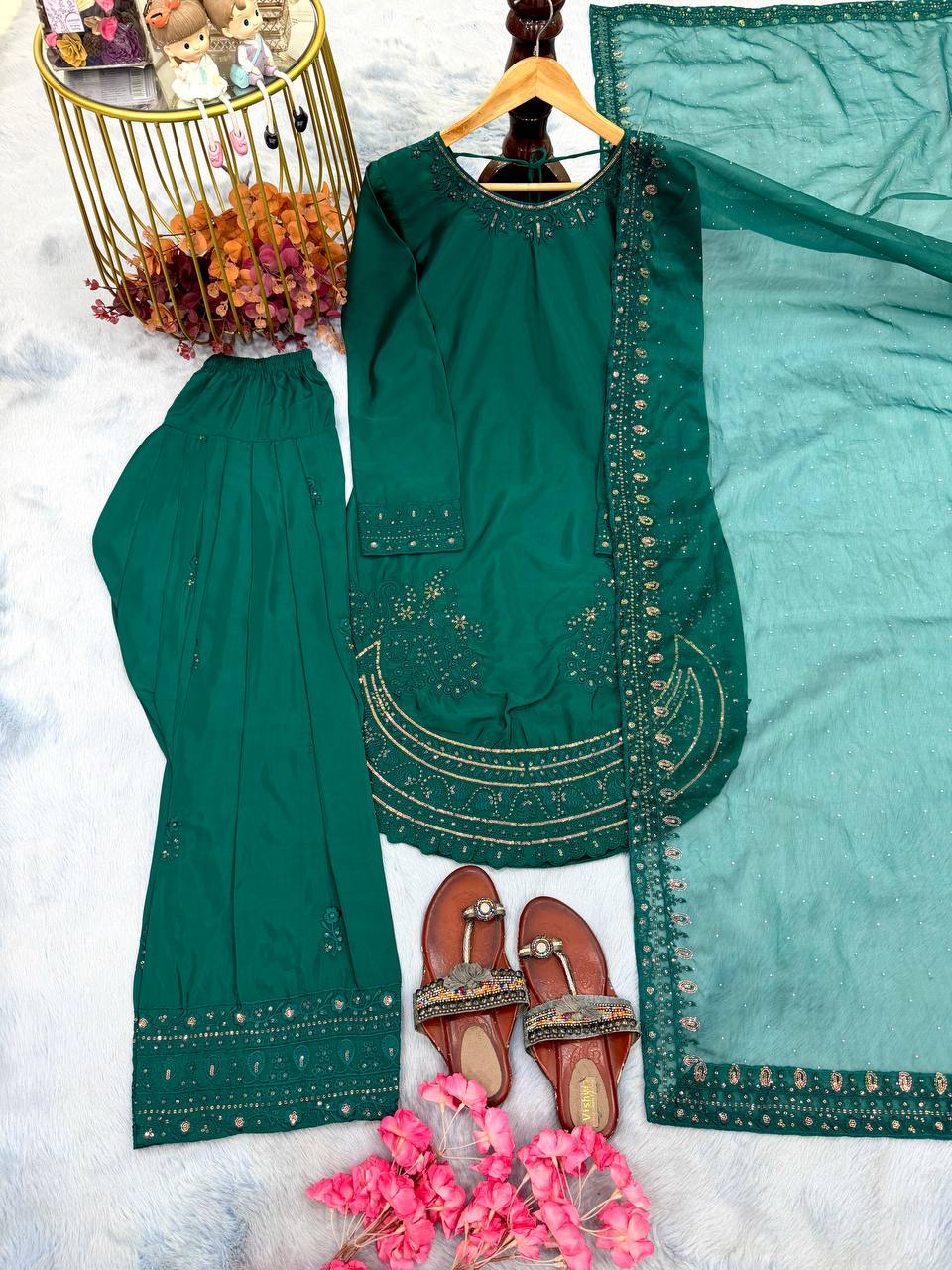 Designer Pure Natural Crepe Top with Farshi Palazzo & Organza Dupatta Set for Women | Embroidered Sequence Work | Premium Party Wear Collection (L)-1143