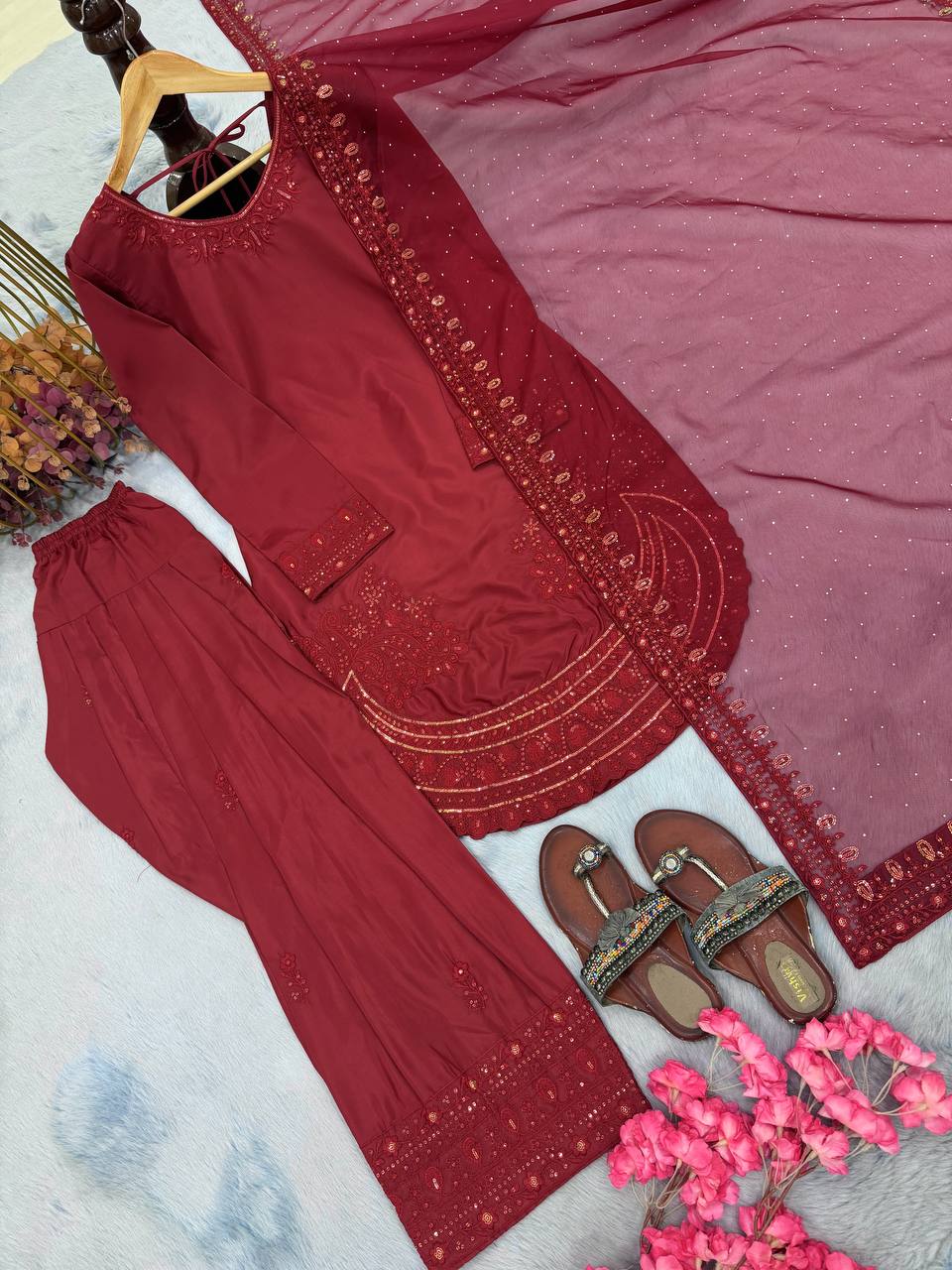 Designer Pure Natural Crepe Top with Farshi Palazzo & Organza Dupatta Set for Women | Embroidered Sequence Work | Premium Party Wear Collection (L)-1143