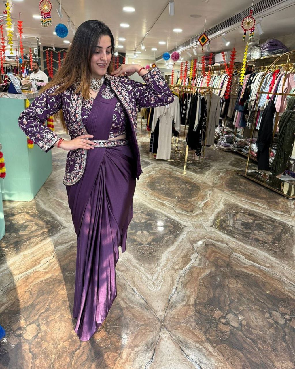Premium Heavy Satin Ready-to-Wear Saree with Embroidered Sequence Koti & Belt | Designer Party, Wedding & Festive Wear Collection HE-BUY-(M)-149