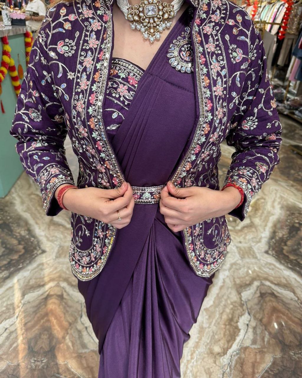 Premium Heavy Satin Ready-to-Wear Saree with Embroidered Sequence Koti & Belt | Designer Party, Wedding & Festive Wear Collection HE-BUY-(M)-149