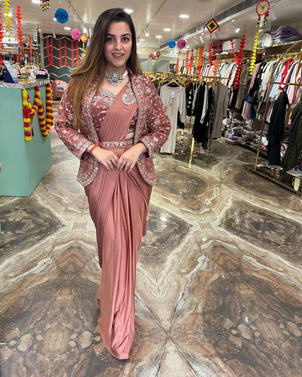 Premium Heavy Satin Ready-to-Wear Saree with Embroidered Sequence Koti & Belt | Designer Party, Wedding & Festive Wear Collection HE-BUY-(M)-149