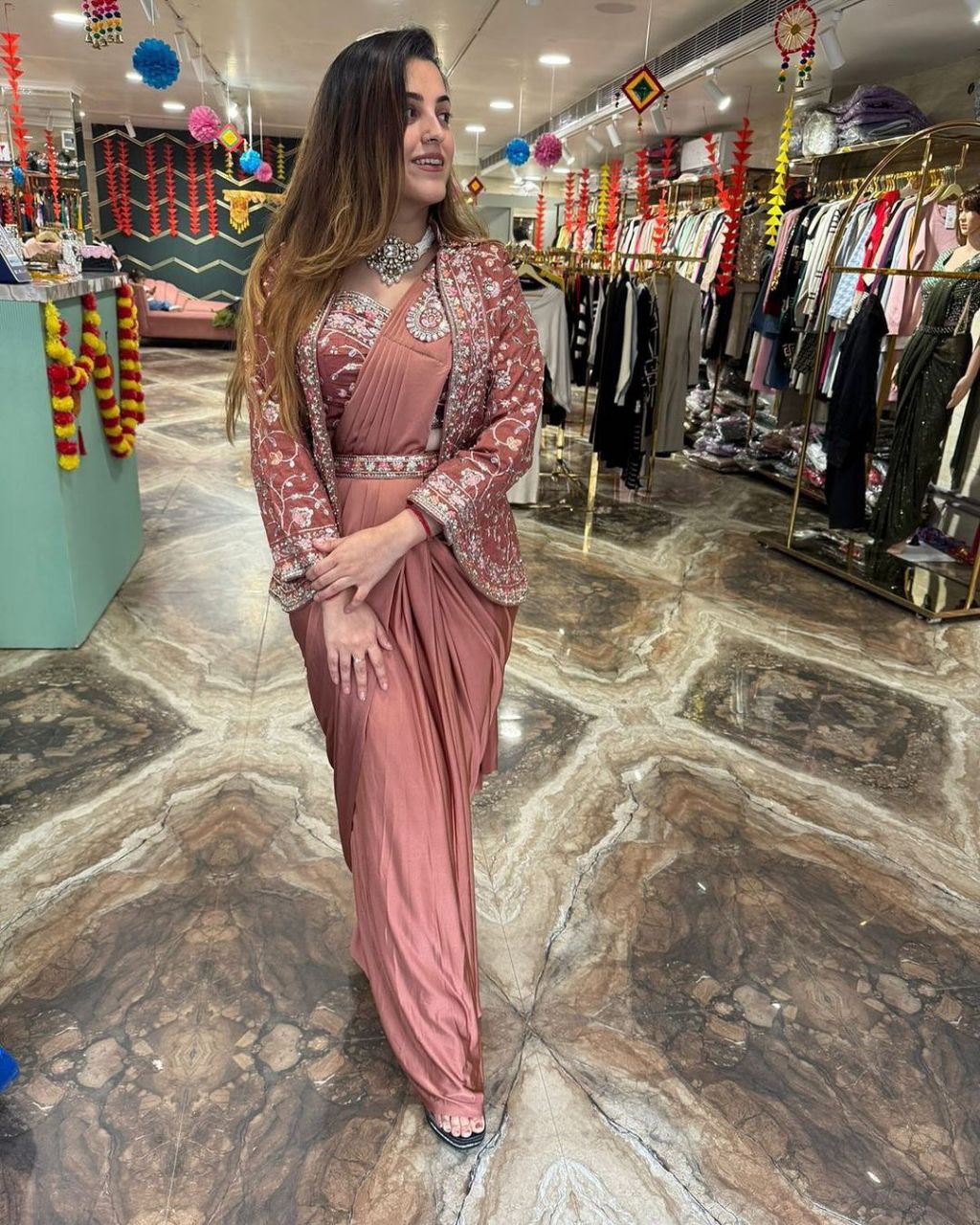 Premium Heavy Satin Ready-to-Wear Saree with Embroidered Sequence Koti & Belt | Designer Party, Wedding & Festive Wear Collection HE-BUY-(M)-149