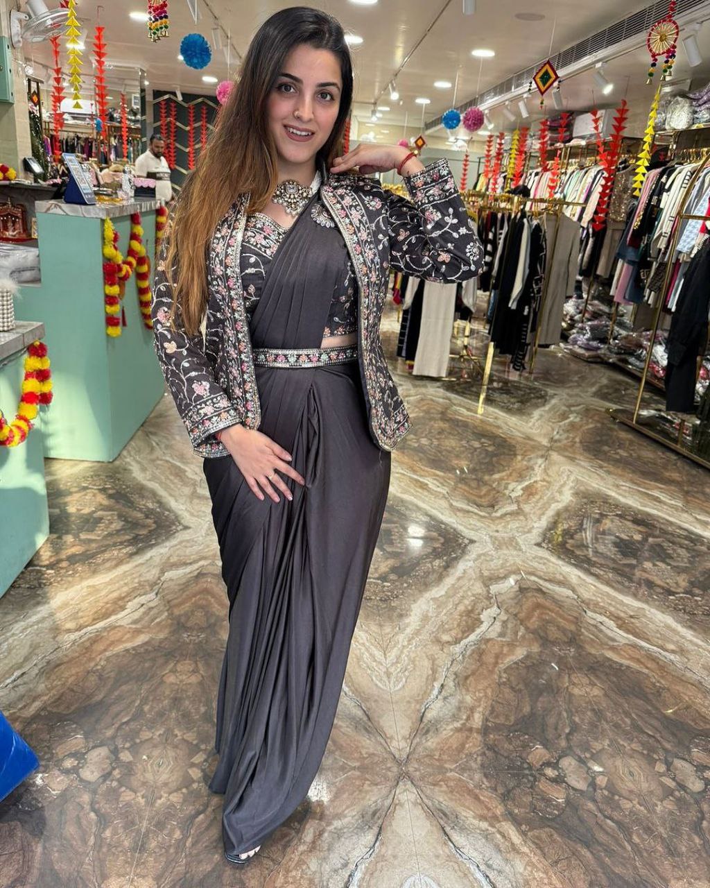 Premium Heavy Satin Ready-to-Wear Saree with Embroidered Sequence Koti & Belt | Designer Party, Wedding & Festive Wear Collection HE-BUY-(M)-149