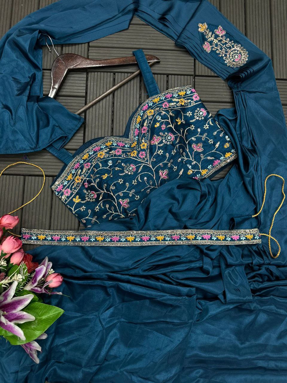Premium Heavy Satin Ready-to-Wear Saree with Embroidered Sequence Koti & Belt | Designer Party, Wedding & Festive Wear Collection HE-BUY-(M)-149